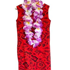 Vintage Made in Hawaii Ui-Maikai Hawaiian Island Red Orange Midi Dress XS